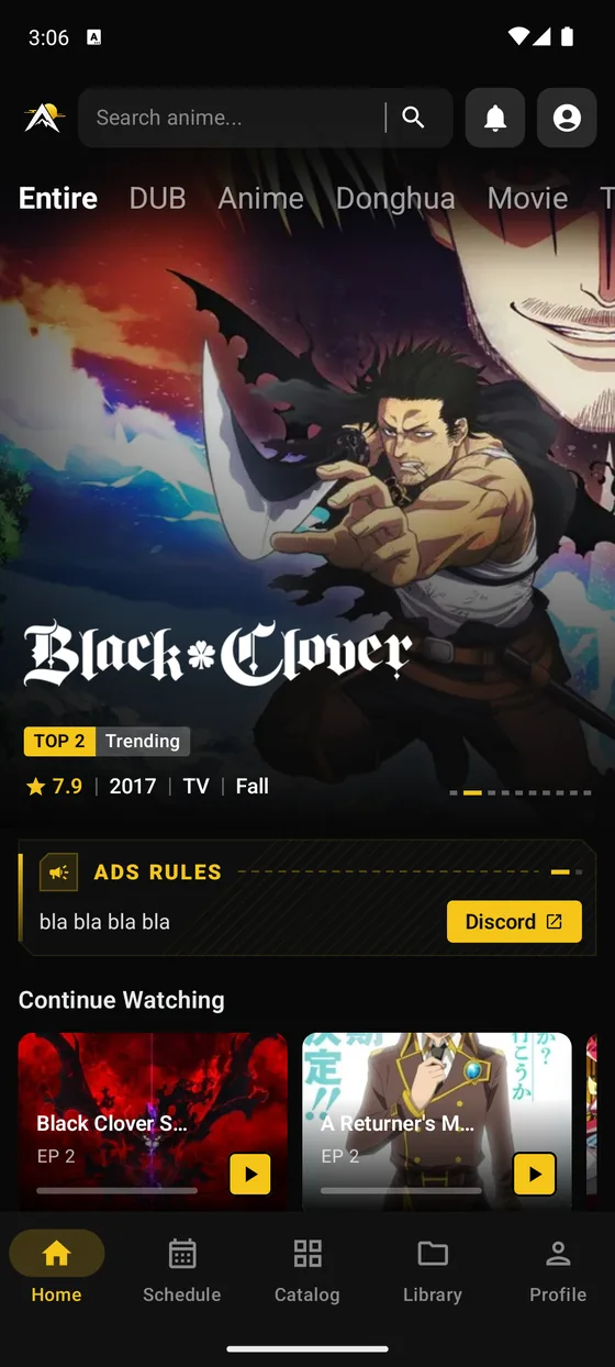AniPeak home screen with the trending slider